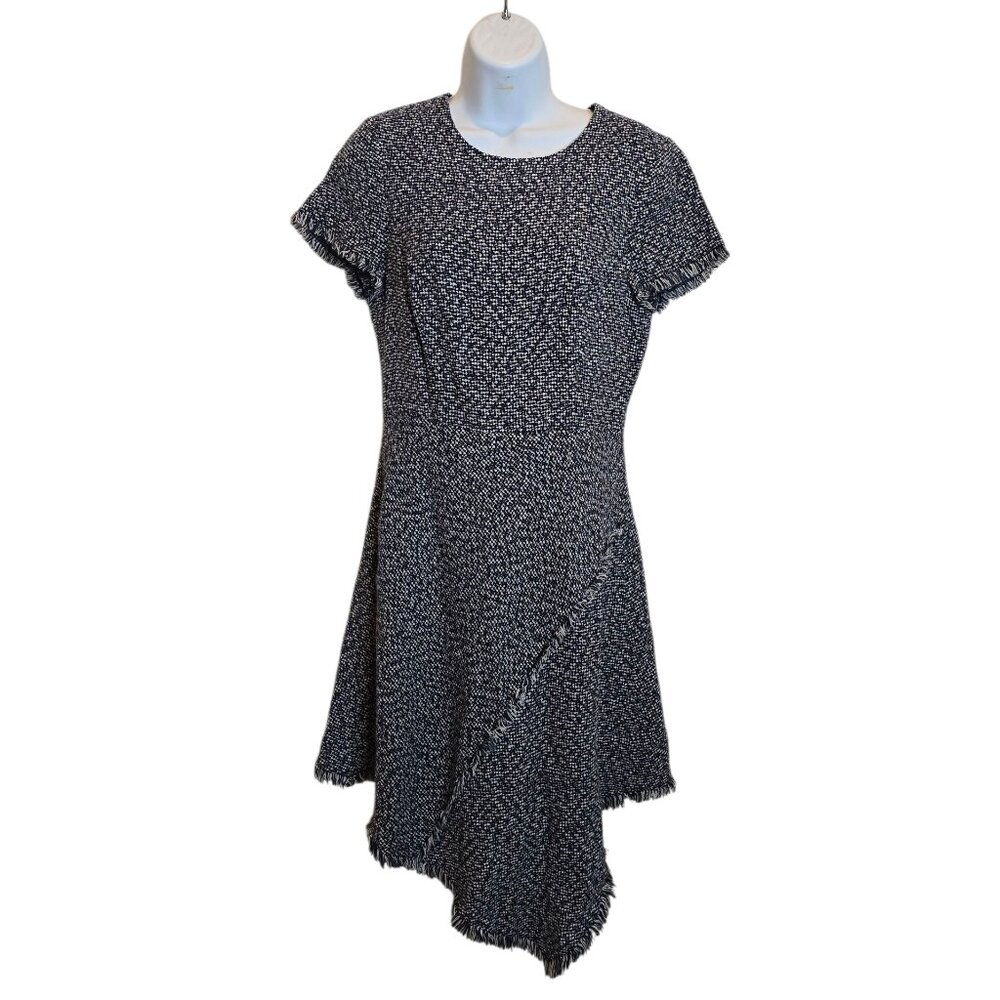Eliza J Tweed Fringe Dress 8 Black White Asymmetrical Cocktail Career Textured